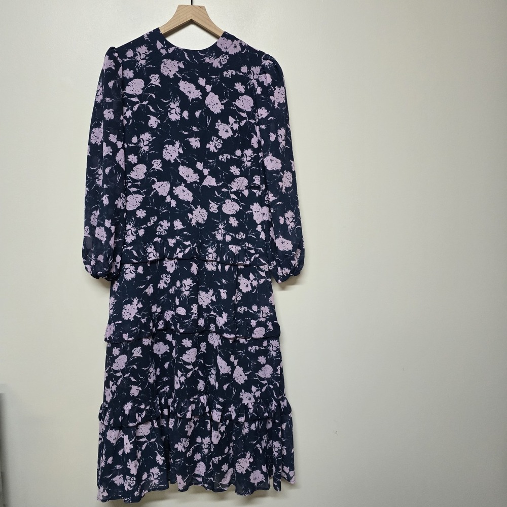 Hyacinth House Navy‎ & Blush Abstract Floral Rosalind Ruffle Midi Dress Sz L - Picture 2 of 9